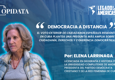 Portada del artículo “Democracia a distancia”, de Elena Larrinaga de Luis para Opidata y Legado a las Américas, con elementos alusivos al voto exterior, España, Cuba y ciudadanía transnacional.