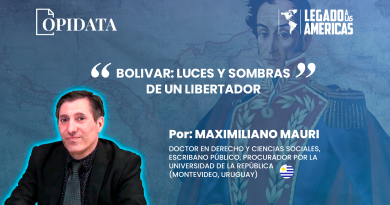 Portada del artículo “Bolívar: luces y sombras de un Libertador”, de Maximiliano Mauri para Opidata y Legado a las Américas, con elementos históricos alusivos a Simón Bolívar, la Gran Colombia y el constitucionalismo latinoamericano.