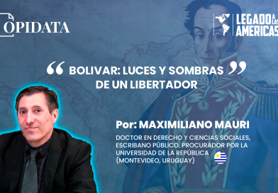 Portada del artículo “Bolívar: luces y sombras de un Libertador”, de Maximiliano Mauri para Opidata y Legado a las Américas, con elementos históricos alusivos a Simón Bolívar, la Gran Colombia y el constitucionalismo latinoamericano.